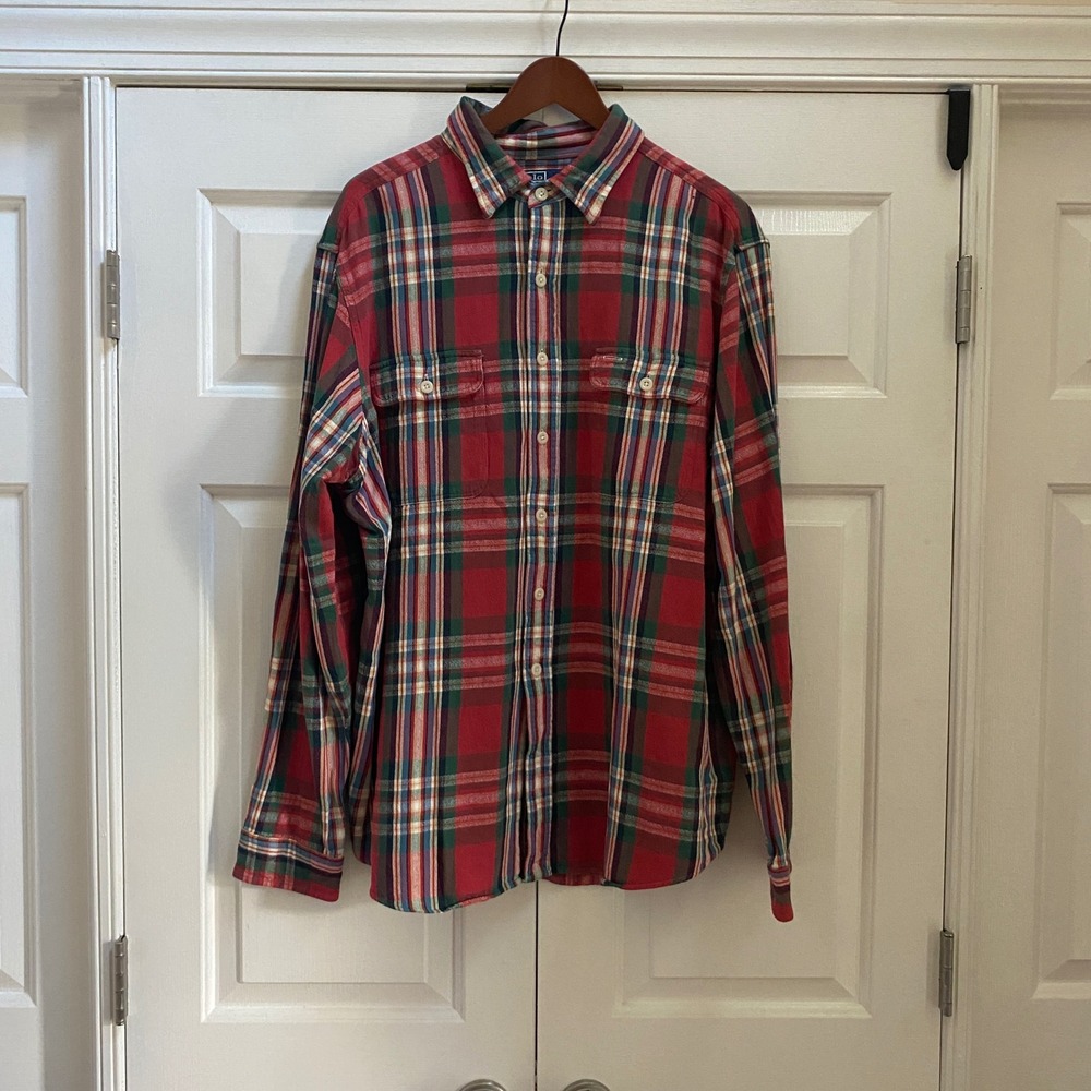 Polo Ralph Lauren Button Down Shirt Men XXL Red Green Plaid Cotton Flannel